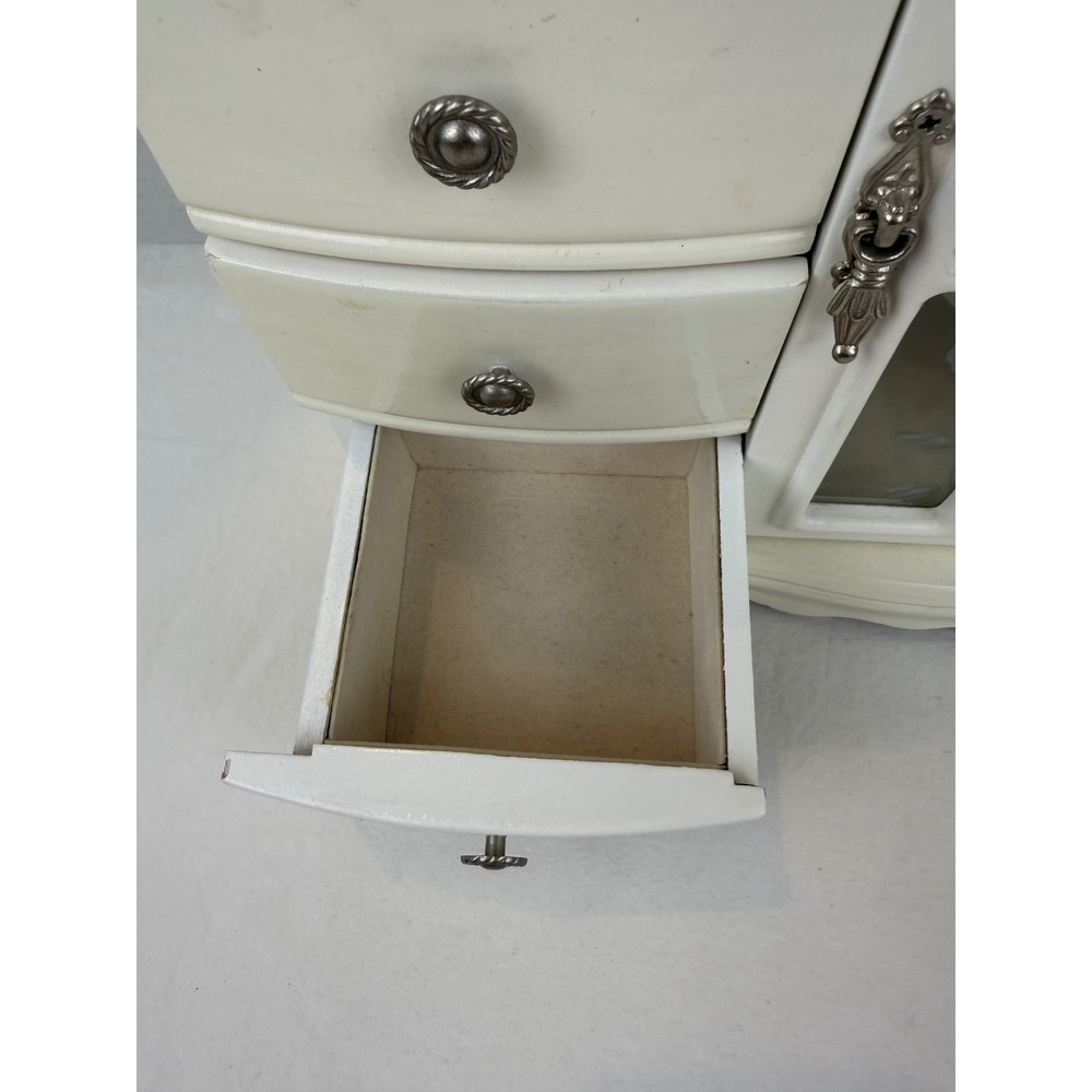 Vintage White Wooden Jewelry Armoire Cathedral Glass Door Tabletop Chest Mirror - Picture 7 of 14